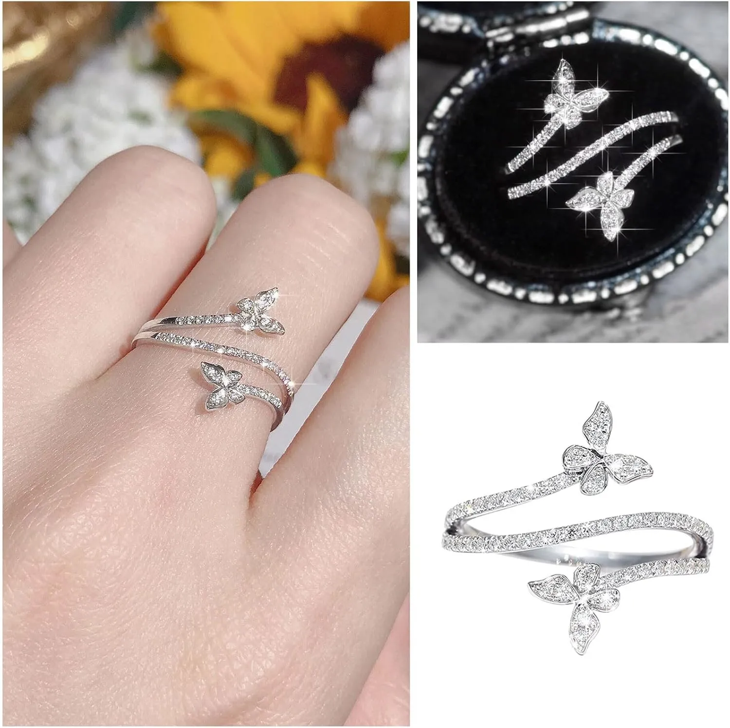 Dainty Butterfly Ring for Women Teens Girls Open Adjustable Silver Plated Butterfly Statement Ring Finger Rings