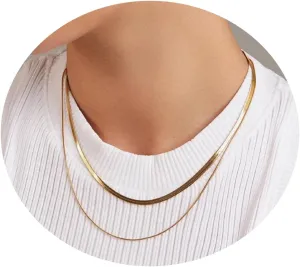Dainty Choker Necklace for Women, 14K Gold Plated Layered Satellite Bead Choker Thin Trendy Layering Herringbone Necklaces Minimalist Simple Snake Chain Jewelry Gift