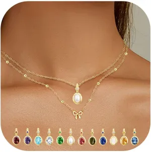 Dainty Gold Birthstone Necklaces for Women, 18K Gold Plated Blue Green Cubic Zirconia Emerald Pendant Charm Gold Necklaces Birthday Gifts for Women