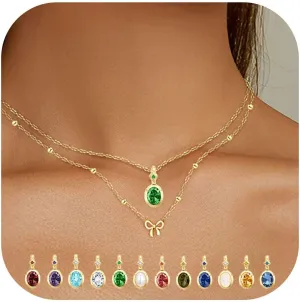 Dainty Gold Birthstone Necklaces for Women, 18K Gold Plated Blue Green Cubic Zirconia Emerald Pendant Charm Gold Necklaces Birthday Gifts for Women