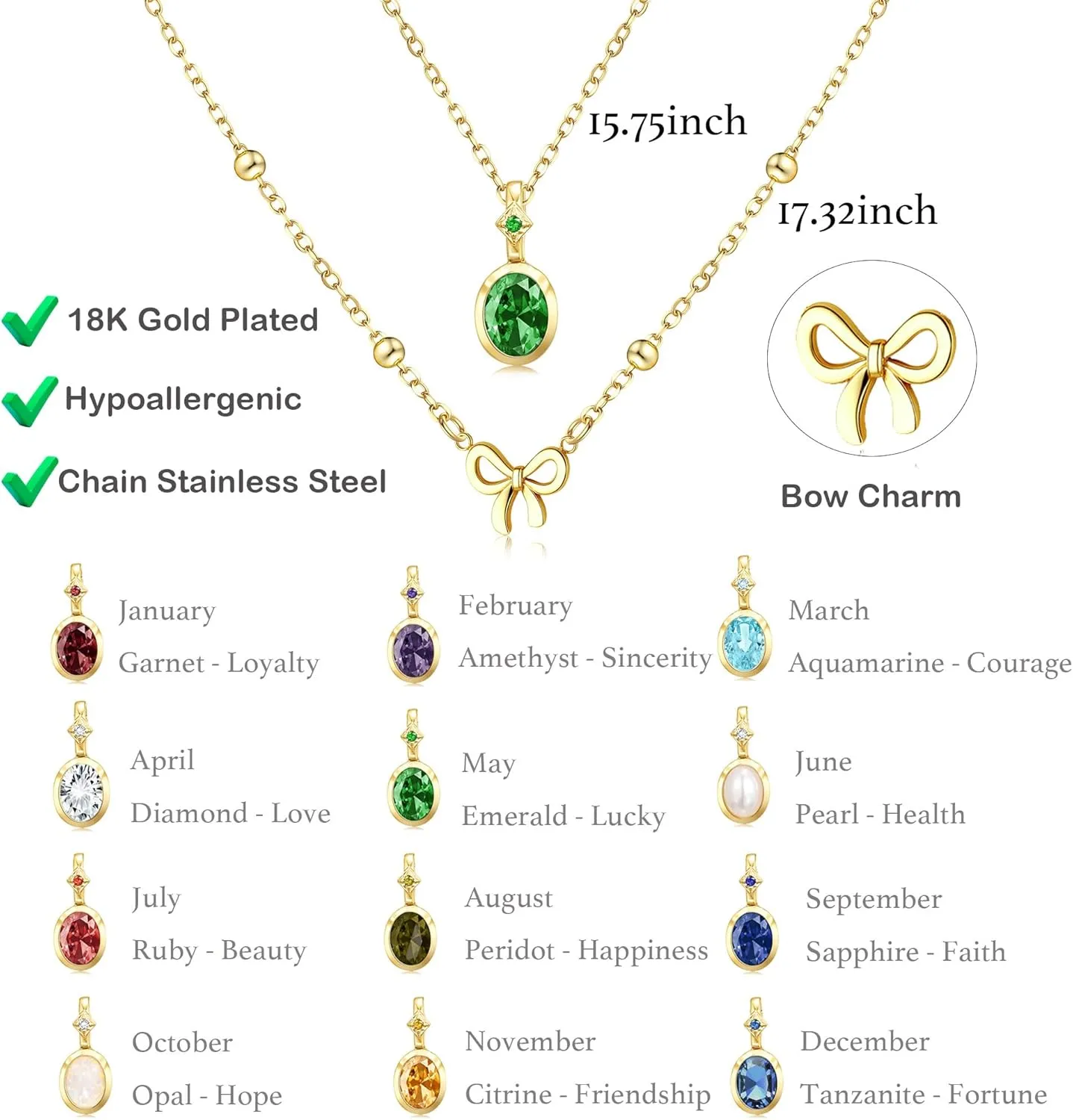 Dainty Gold Birthstone Necklaces for Women, 18K Gold Plated Blue Green Cubic Zirconia Emerald Pendant Charm Gold Necklaces Birthday Gifts for Women