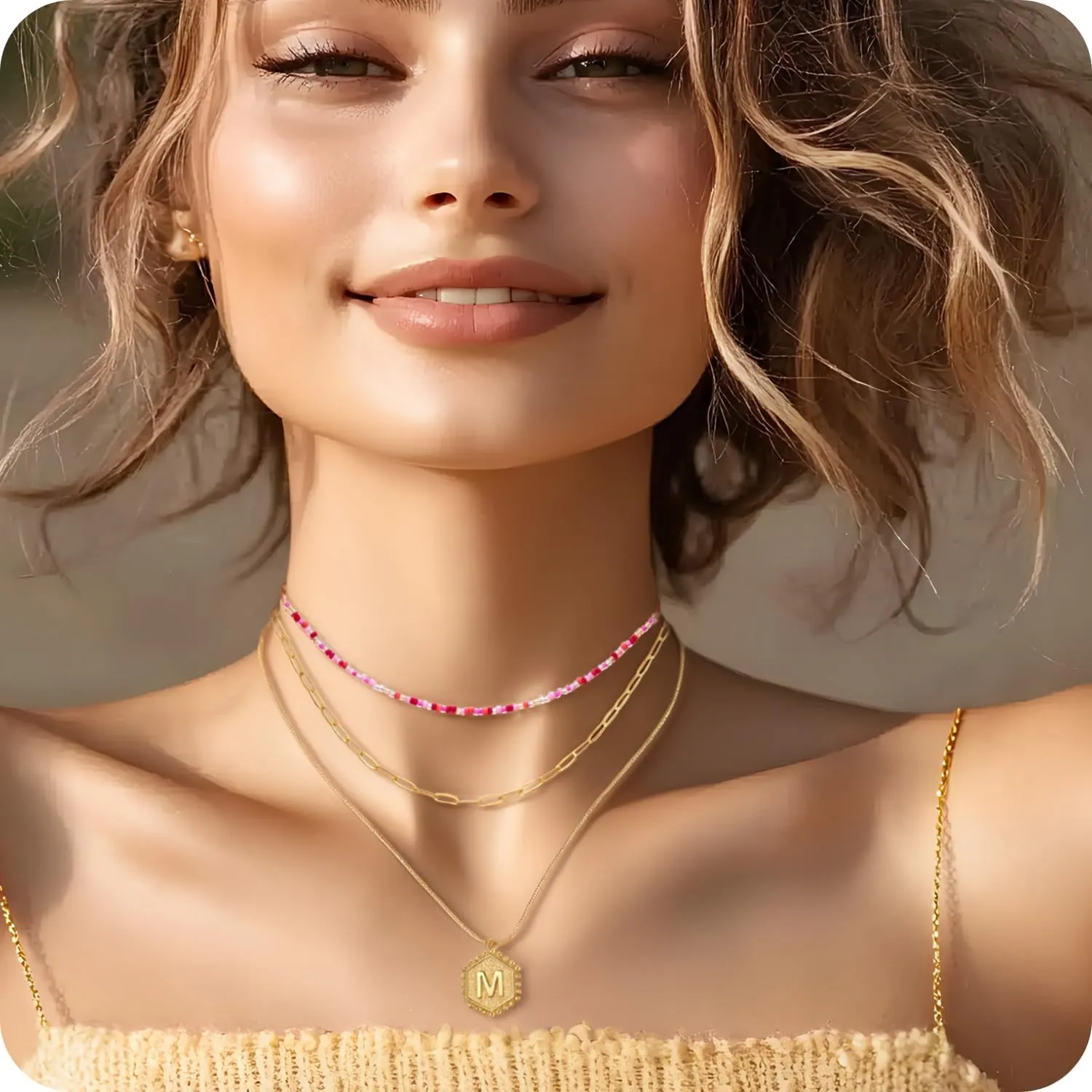 Dainty Layered Gold Necklace for Women，18K Gold Plated Initial Hexagon Pendant Adjustable Necklaces，Trendy Gold Necklaces Set for Women Jewelry