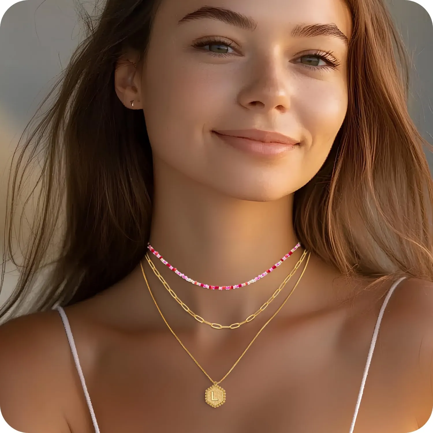 Dainty Layered Gold Necklace for Women，18K Gold Plated Initial Hexagon Pendant Adjustable Necklaces，Trendy Gold Necklaces Set for Women Jewelry