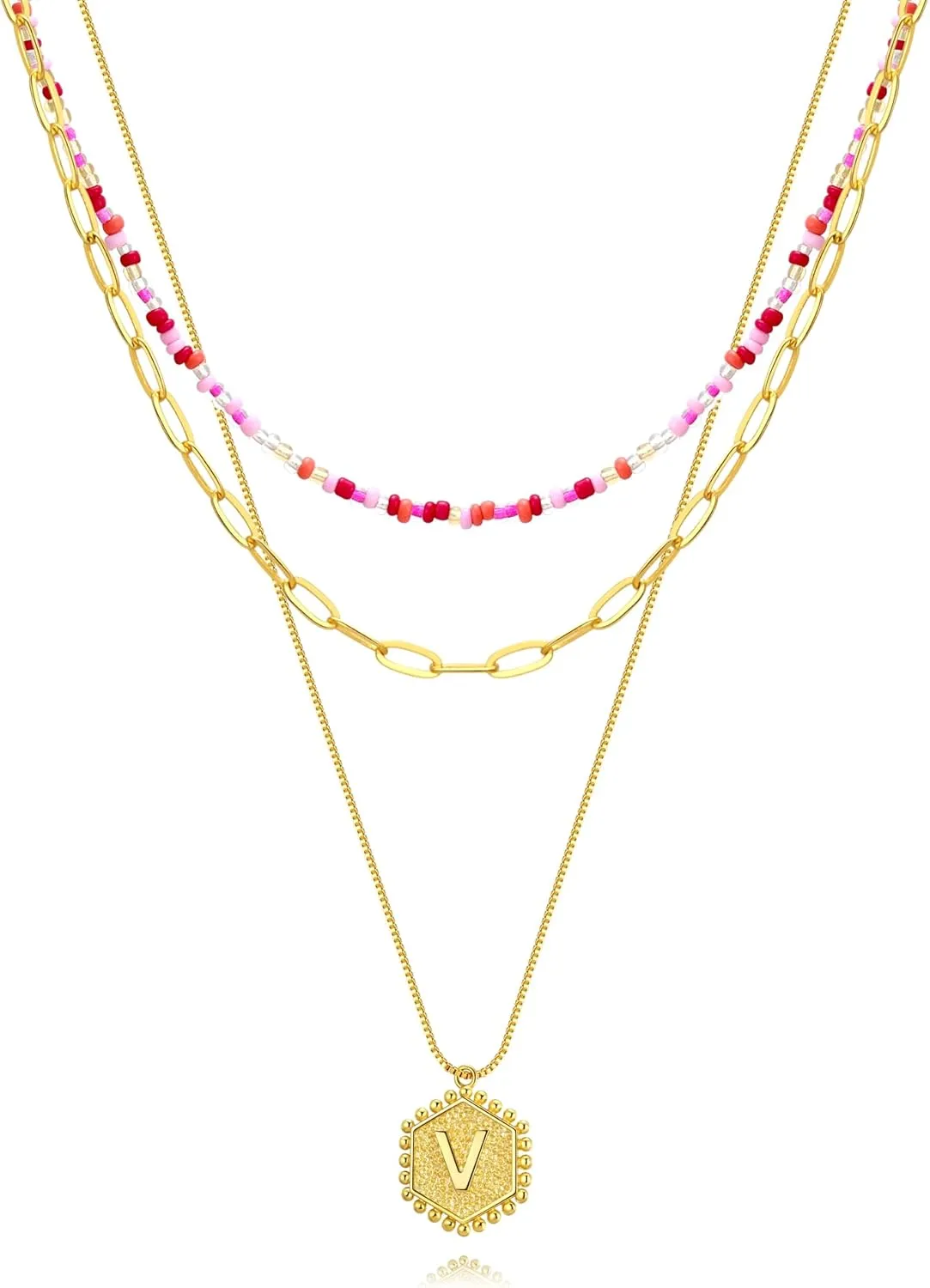 Dainty Layered Gold Necklace for Women，18K Gold Plated Initial Hexagon Pendant Adjustable Necklaces，Trendy Gold Necklaces Set for Women Jewelry