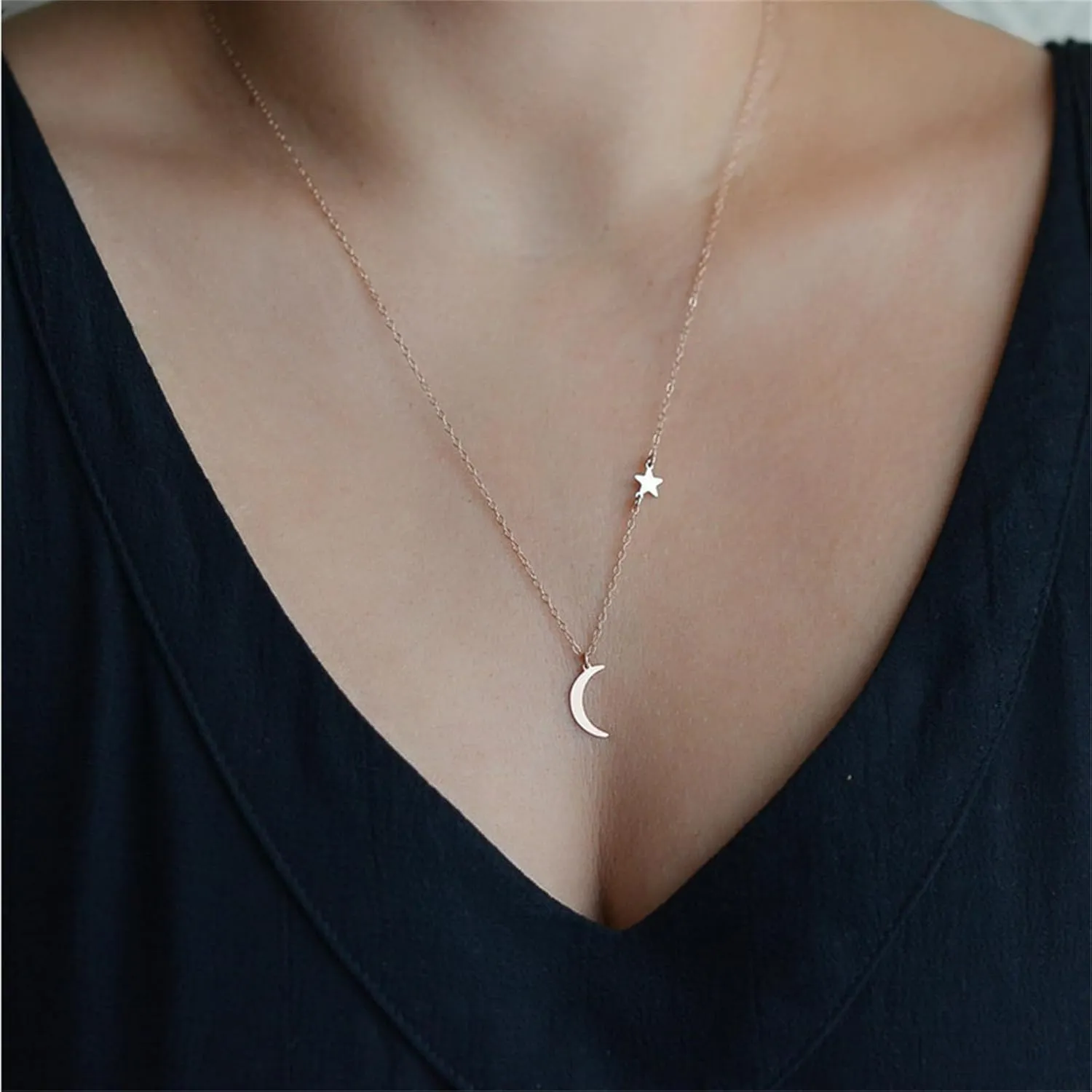 Dainty Moon and Star Necklace for Women Delicate Gold Silver Crescent Moon Tiny Star Long Pendant Necklace Minimalist Everyday Jewelry for Women