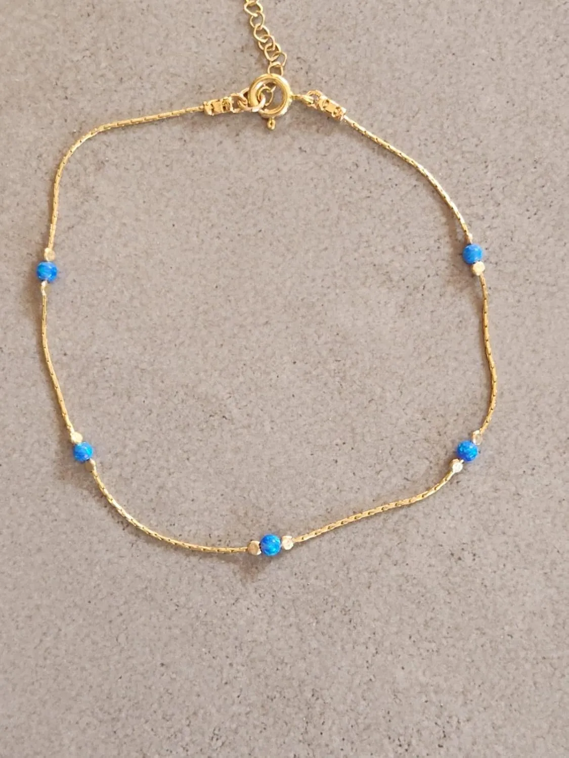 Dainty Opal Anklet Beach Minimalist Gold Filled 14K Bead Bracelet Syntethic Opal jewelry Length 9" extension (Dark Blue Opal)