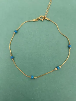 Dainty Opal Anklet Beach Minimalist Gold Filled 14K Bead Bracelet Syntethic Opal jewelry Length 9" extension (Dark Blue Opal)