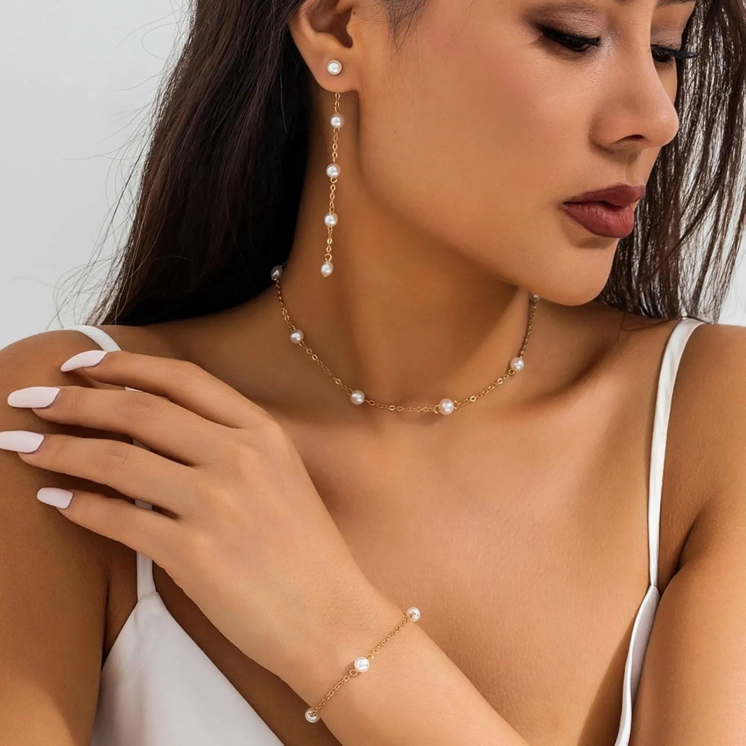 Dainty Pearl Necklace Earrings Bracelet Set for Women,Boho Lightweight Imitation Pearls Jewelry Set Charm Minimalist Handmade Jewelry