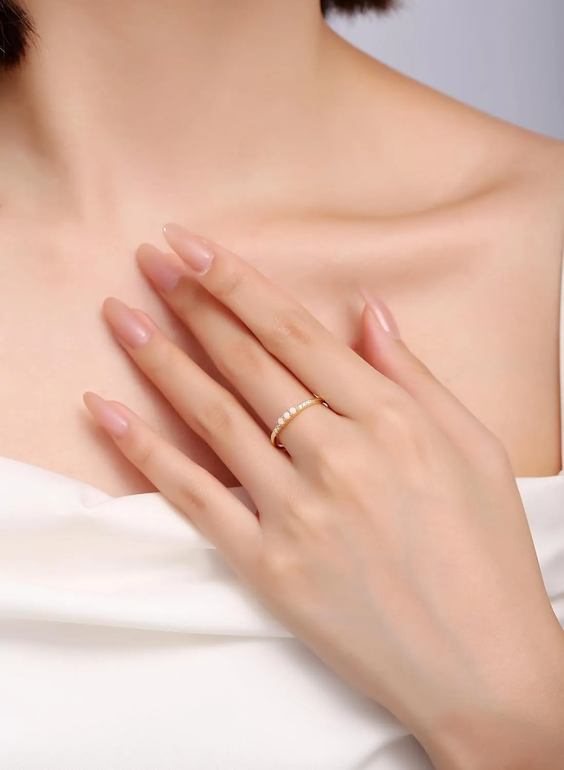 Dainty Stackable Three Round Shape Stone, Synthetic Opal Wedding Bridal Engagement Ring Band for her in 10K Solid Gold or Sterling Silver, Jewelry Gift For Her