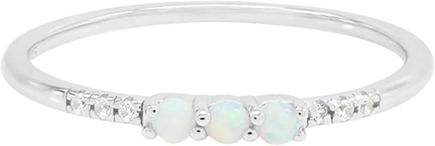 Dainty Stackable Three Round Shape Stone, Synthetic Opal Wedding Bridal Engagement Ring Band for her in 10K Solid Gold or Sterling Silver, Jewelry Gift For Her