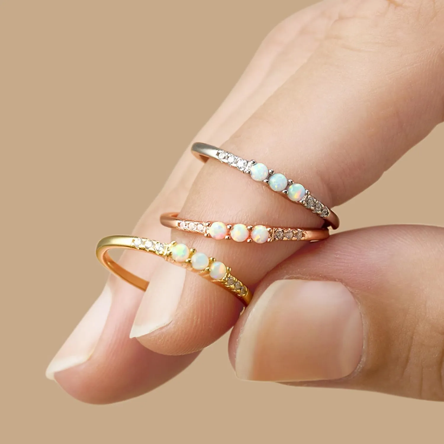 Dainty Stackable Three Round Shape Stone, Synthetic Opal Wedding Bridal Engagement Ring Band for her in 10K Solid Gold or Sterling Silver, Jewelry Gift For Her