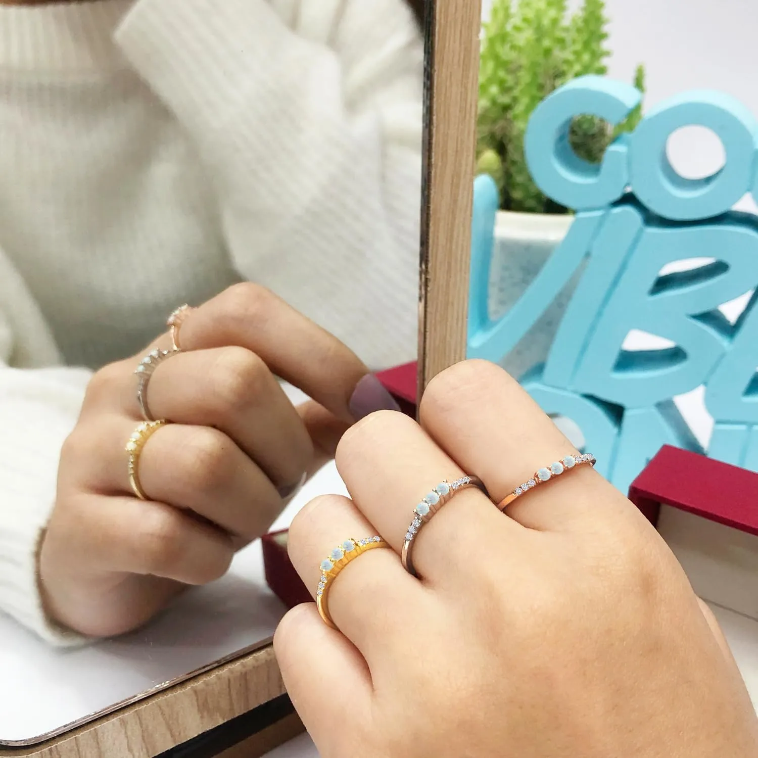 Dainty Stackable Three Round Shape Stone, Synthetic Opal Wedding Bridal Engagement Ring Band for her in 10K Solid Gold or Sterling Silver, Jewelry Gift For Her