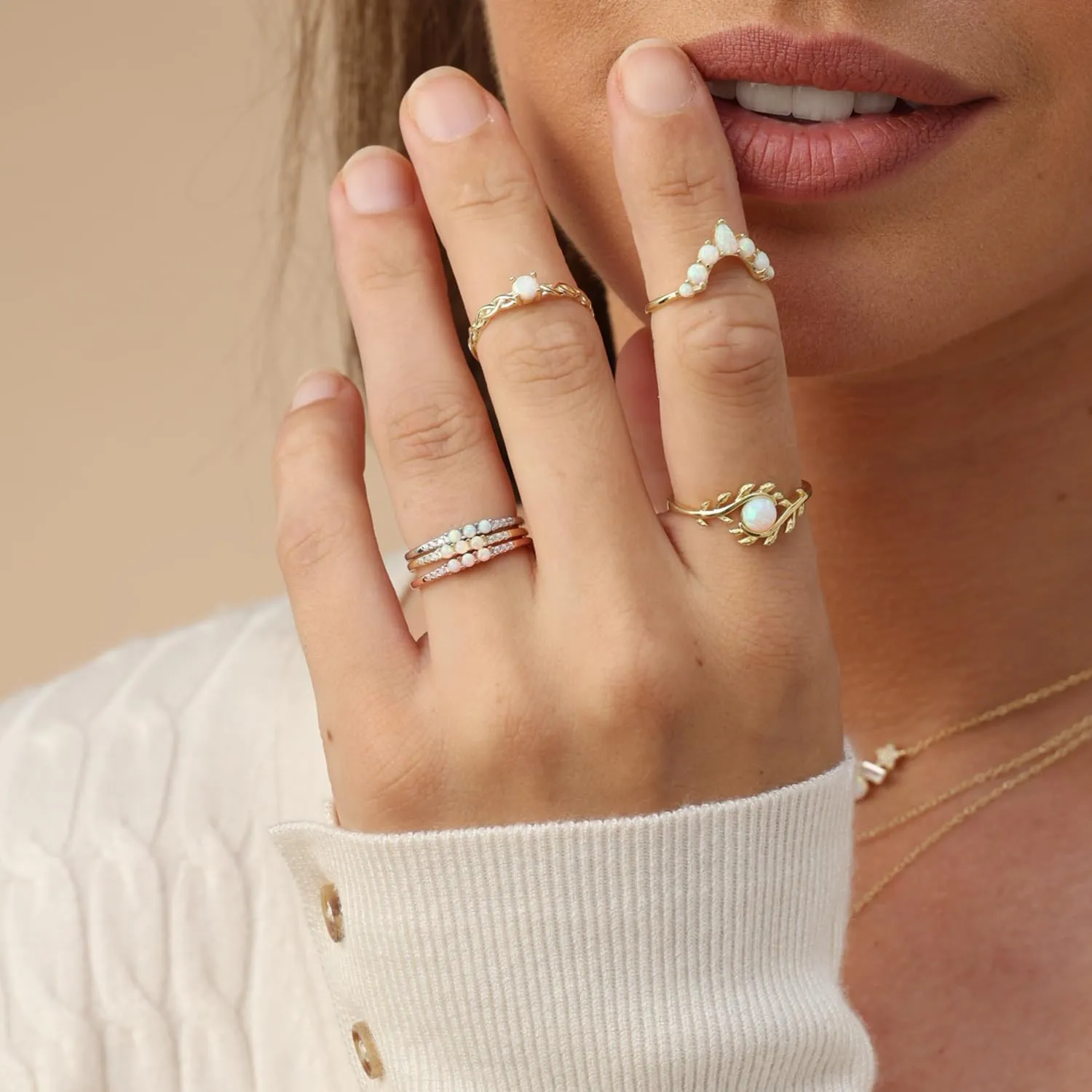 Dainty Stackable Three Round Shape Stone, Synthetic Opal Wedding Bridal Engagement Ring Band for her in 10K Solid Gold or Sterling Silver, Jewelry Gift For Her