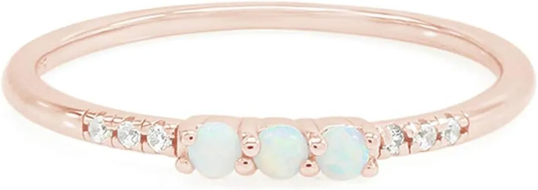 Dainty Stackable Three Round Shape Stone, Synthetic Opal Wedding Bridal Engagement Ring Band for her in 10K Solid Gold or Sterling Silver, Jewelry Gift For Her