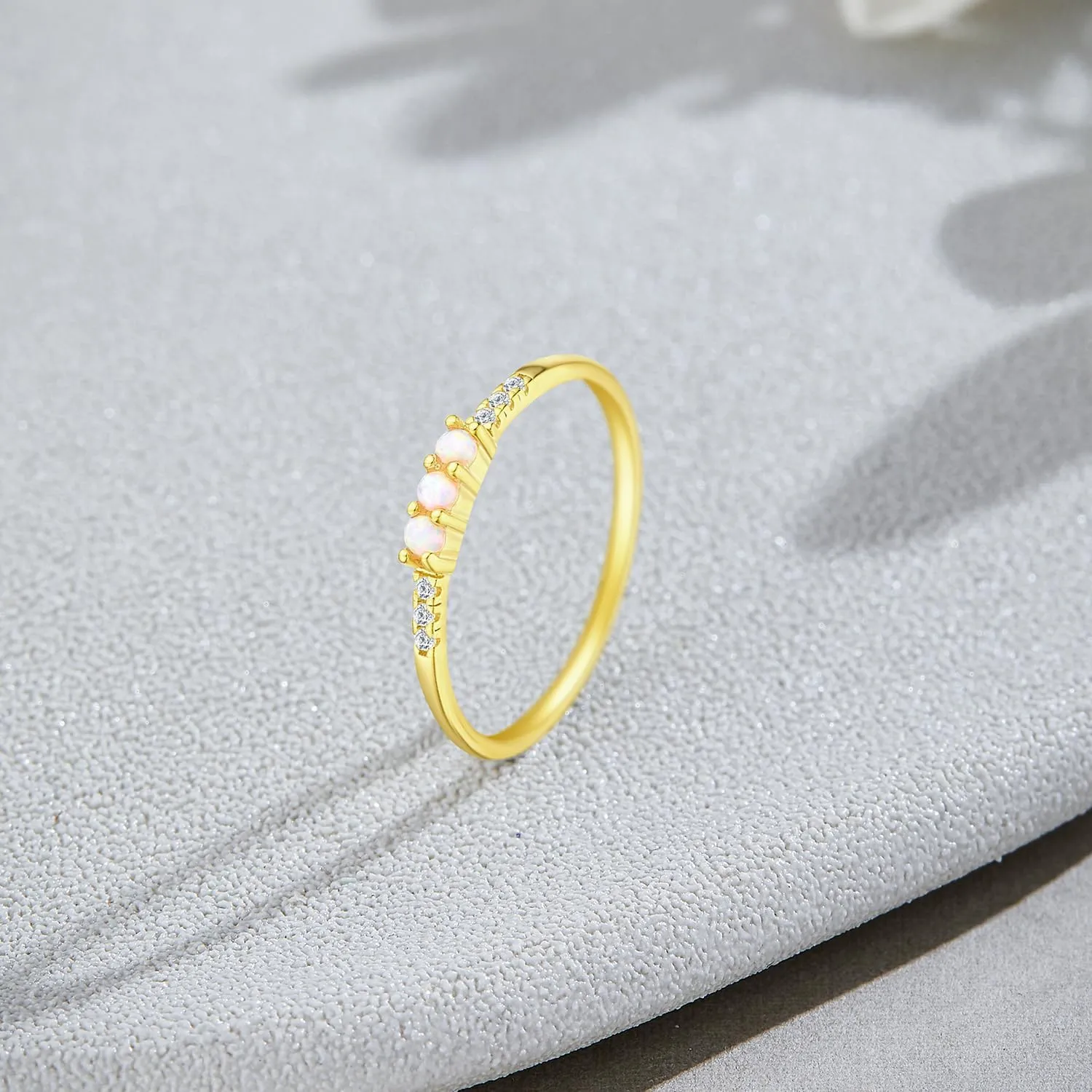 Dainty Stackable Three Round Shape Stone, Synthetic Opal Wedding Bridal Engagement Ring Band for her in 10K Solid Gold or Sterling Silver, Jewelry Gift For Her