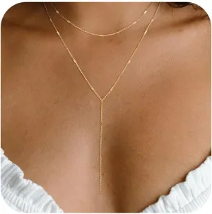 Dainty Y Necklace for Women, Trendy Long Gold Necklaces 14K Gold Plated Layered Necklaces Set Dainty CZ Shining Dot Necklace Jewelry Gift for Women Girls