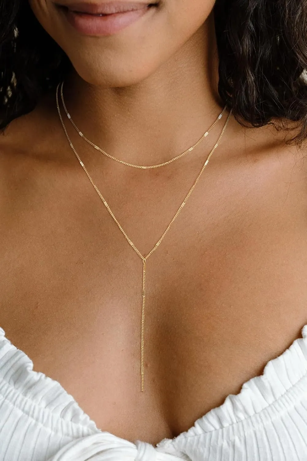 Dainty Y Necklace for Women, Trendy Long Gold Necklaces 14K Gold Plated Layered Necklaces Set Dainty CZ Shining Dot Necklace Jewelry Gift for Women Girls