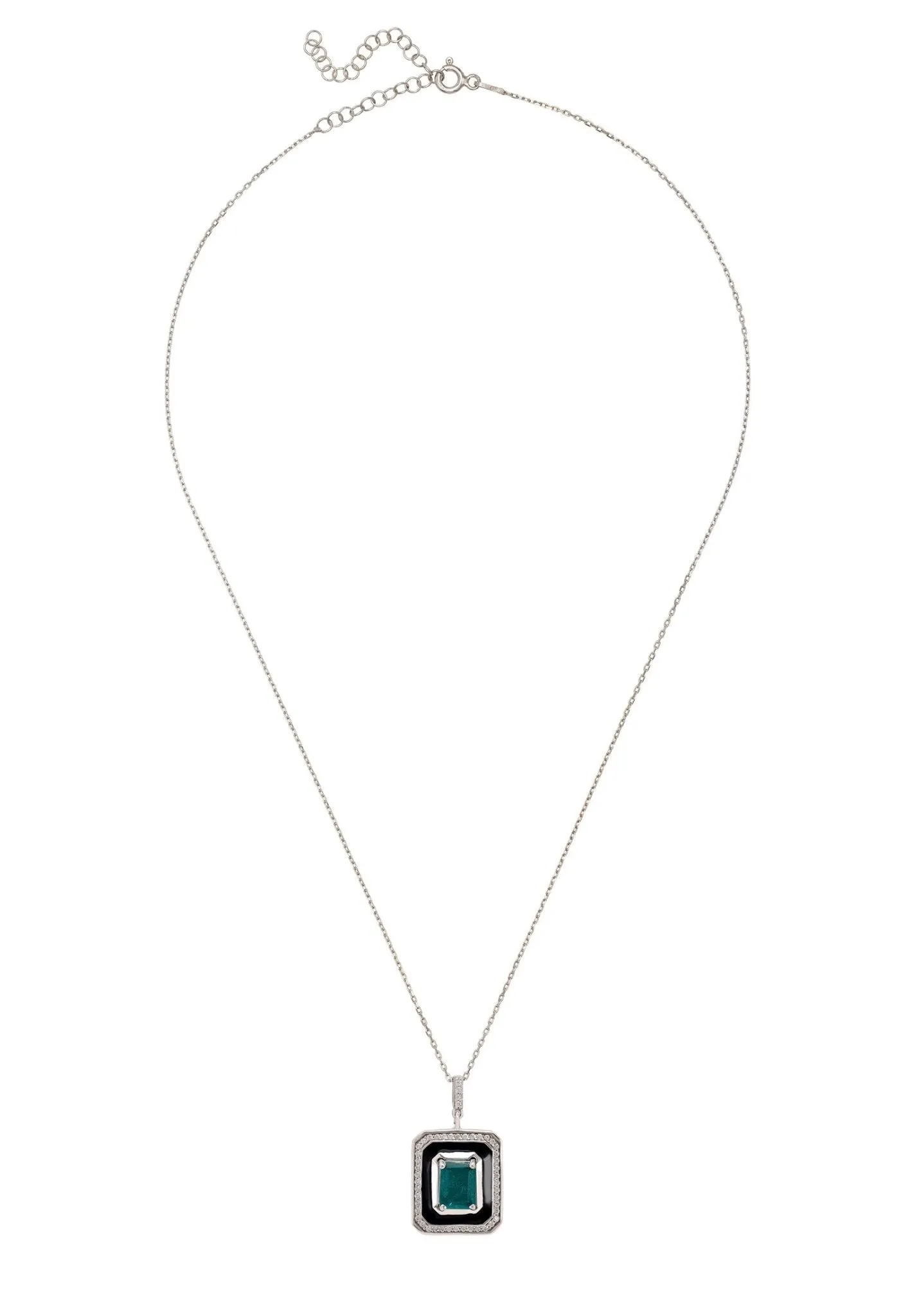 Deco Emerald & Enamel Necklace Silver