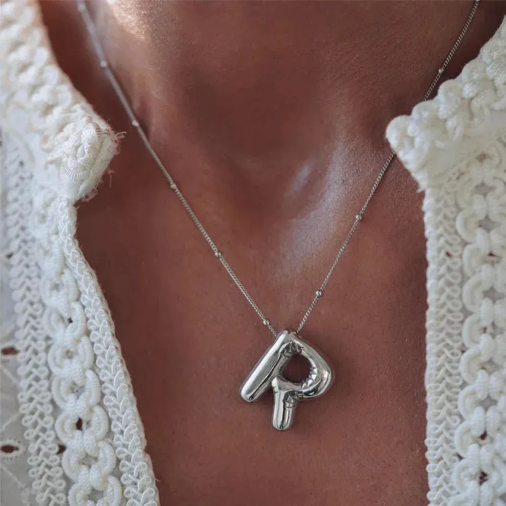 Delicate Chunky Alphabet Balloon Bubble Initial Letter Pendant Necklace for Women Men Stainless Steel Gold Plated Necklaces