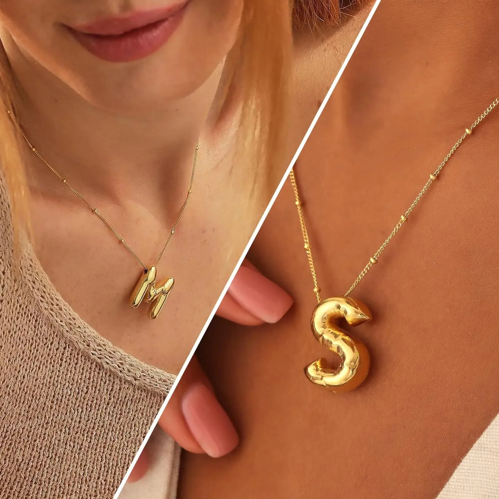 Delicate Chunky Alphabet Balloon Bubble Initial Letter Pendant Necklace for Women Men Stainless Steel Gold Plated Necklaces