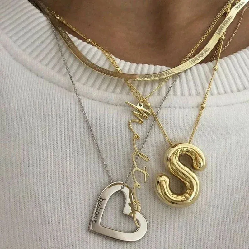 Delicate Chunky Alphabet Balloon Bubble Initial Letter Pendant Necklace for Women Men Stainless Steel Gold Plated Necklaces