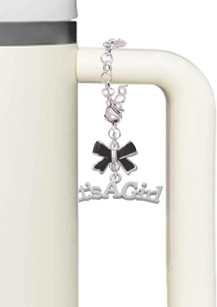 Delight Jewelry Silvertone Large New Baby Gender Reveal - Black Bow Charm Accessory for Tumblers and Thermal Cups