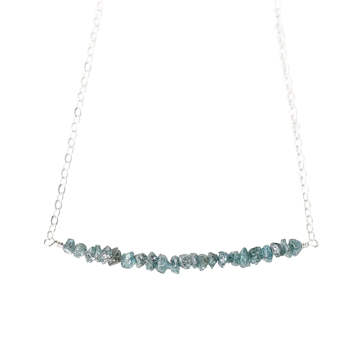 Designed By Stacey Handmade Blue Green Diamond Necklace, Raw Gemstone Bar Pendant Sterling Silver Jewelry, Gifts for Women, Mother's Day, April Birthday, Anniversary, Prom, 16 to 18" Adjustable Chain