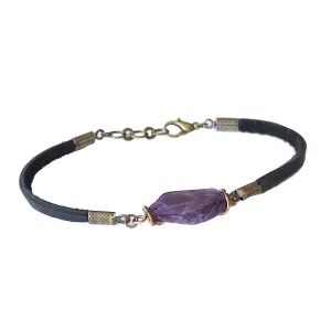 Designs by Nature Gems Handmade Unisex Amethyst Black Leather Bracelet Antique Bronze, February Birthstone