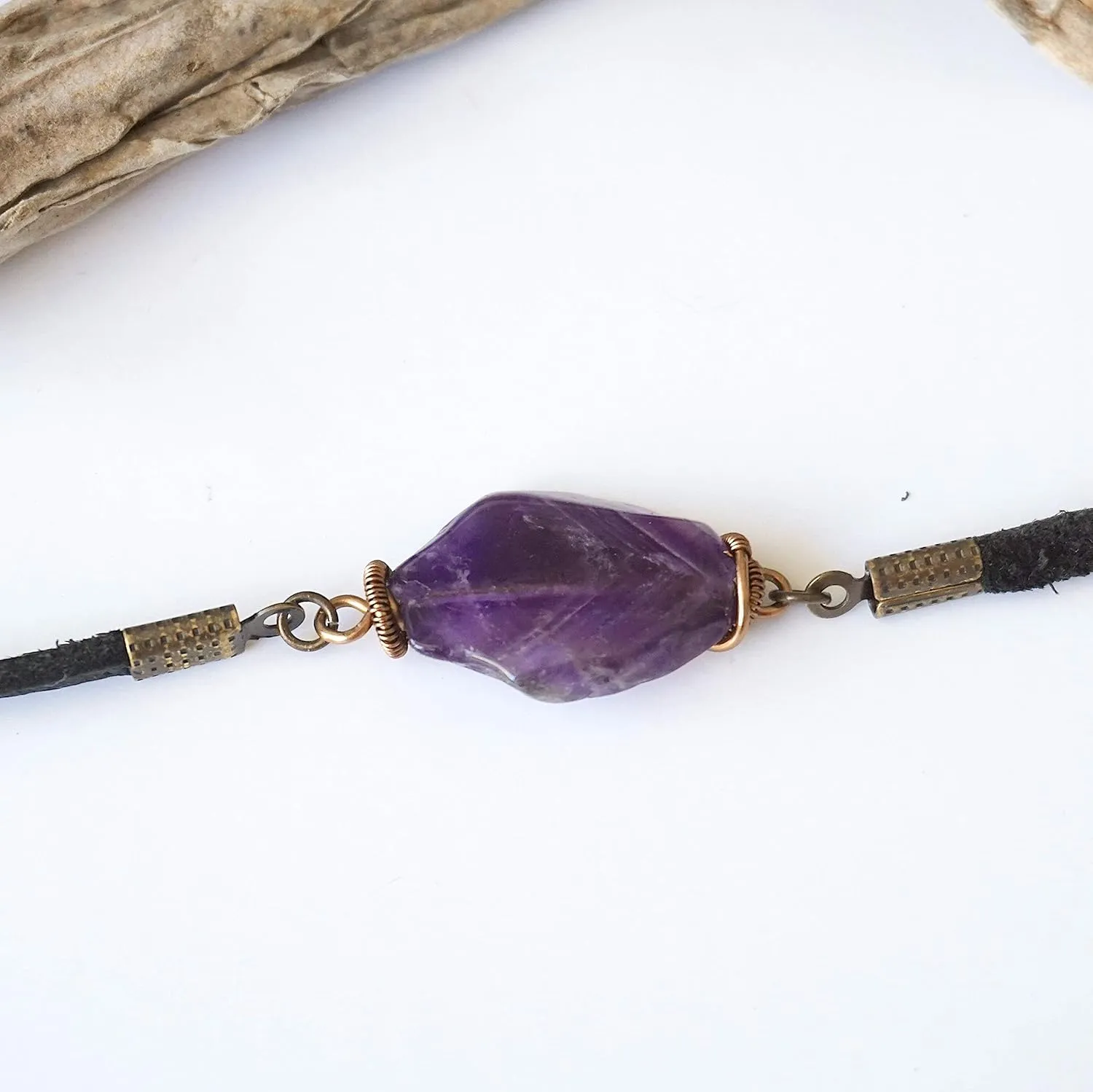 Designs by Nature Gems Handmade Unisex Amethyst Black Leather Bracelet Antique Bronze, February Birthstone