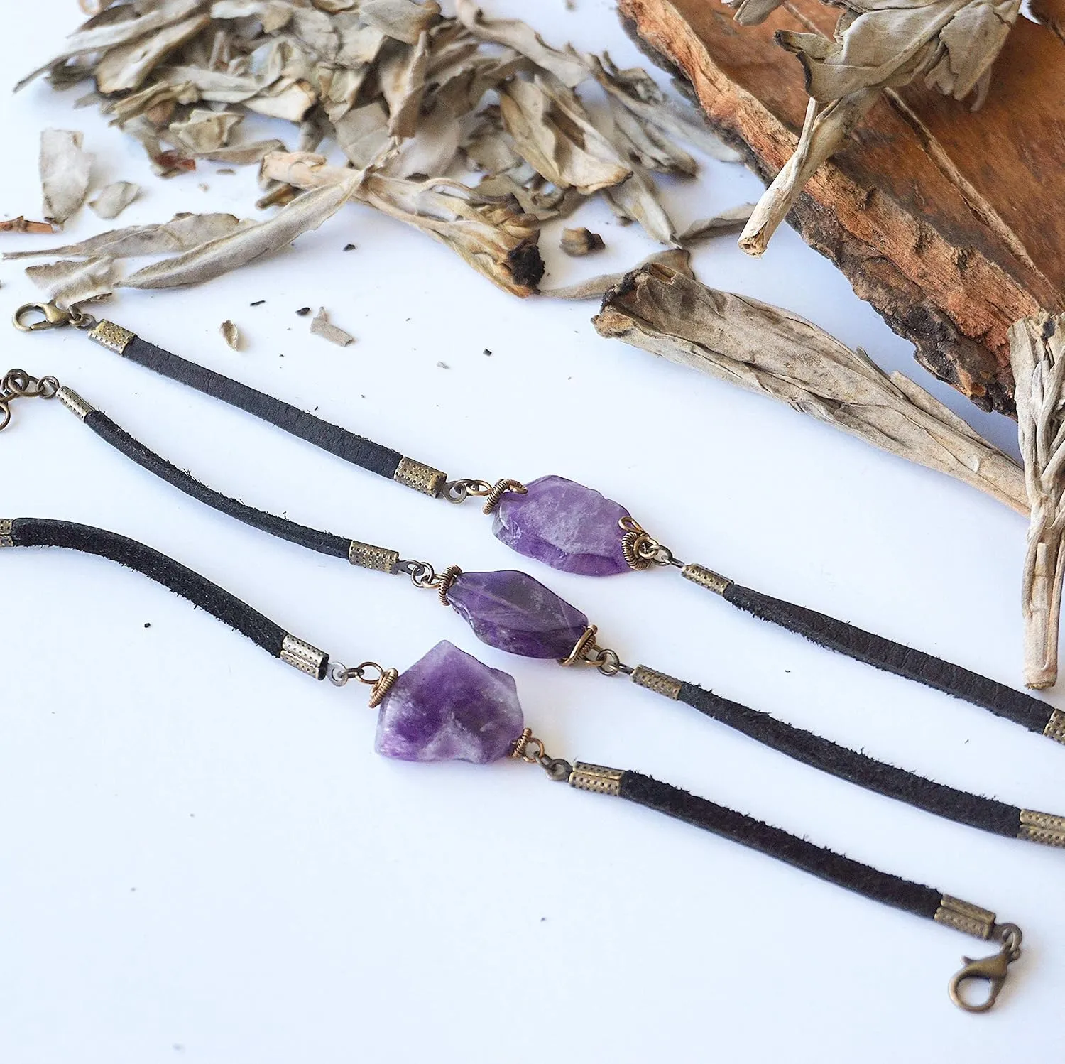 Designs by Nature Gems Handmade Unisex Amethyst Black Leather Bracelet Antique Bronze, February Birthstone