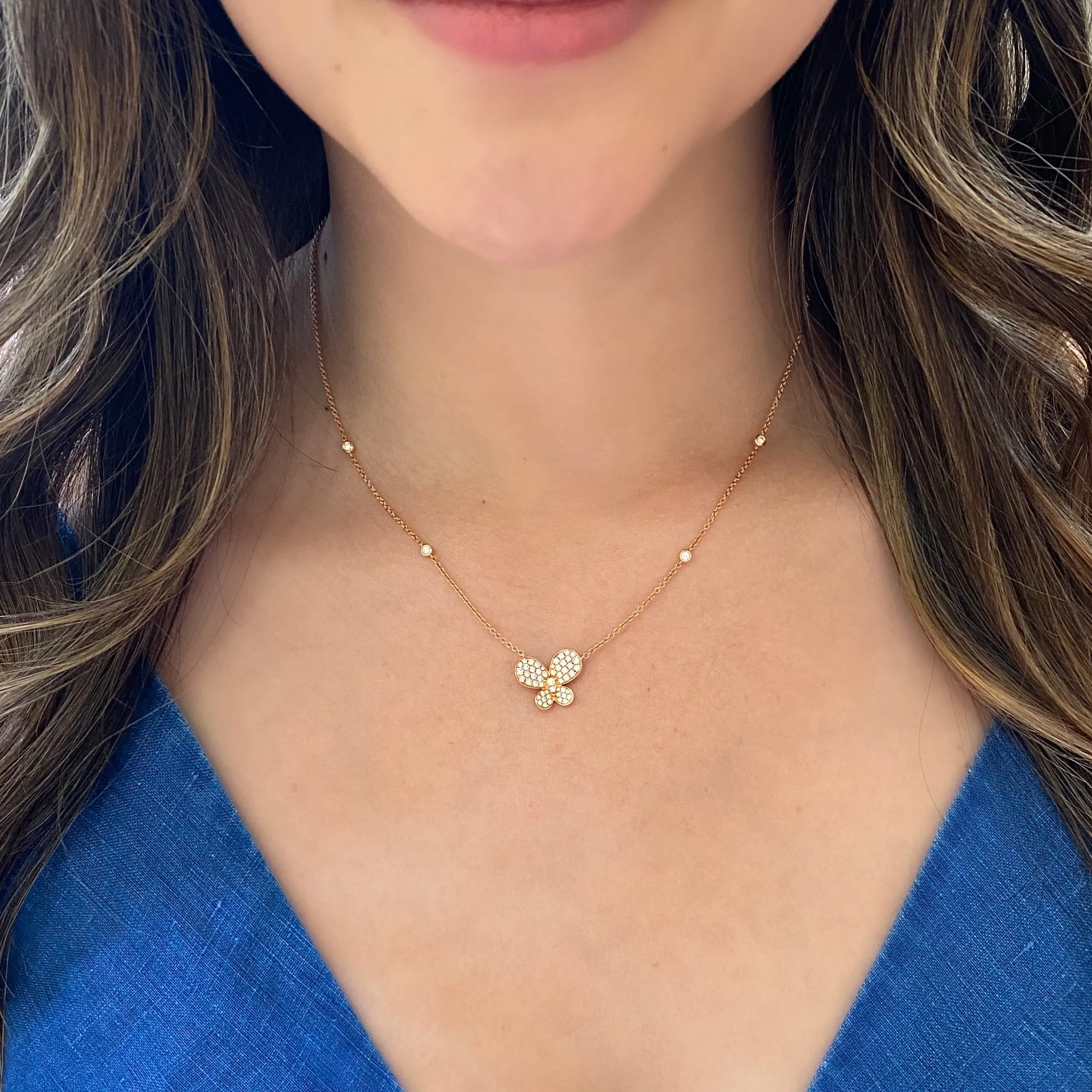 Diamond Butterfly Pendant Necklace with Diamond Bezels