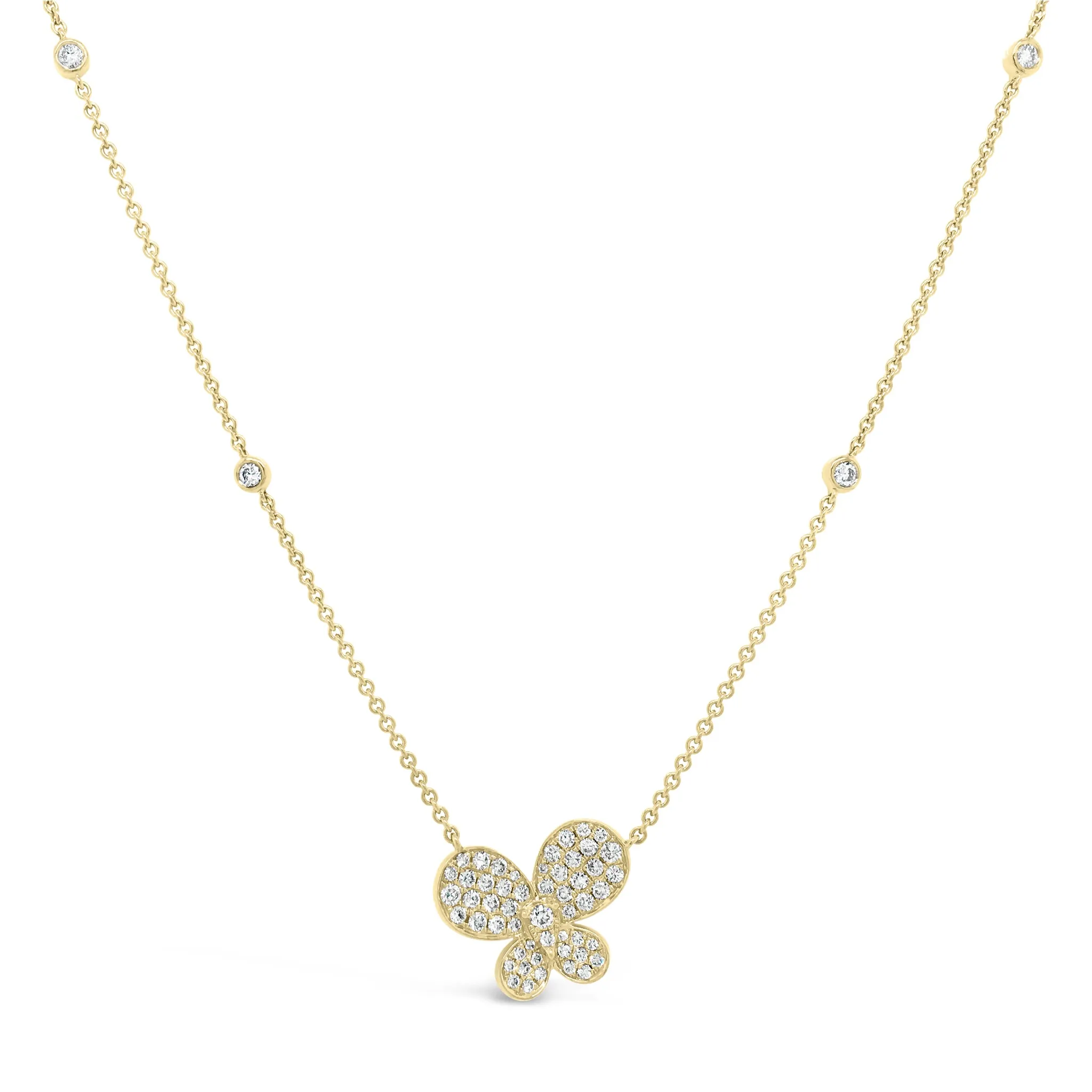 Diamond Butterfly Pendant Necklace with Diamond Bezels
