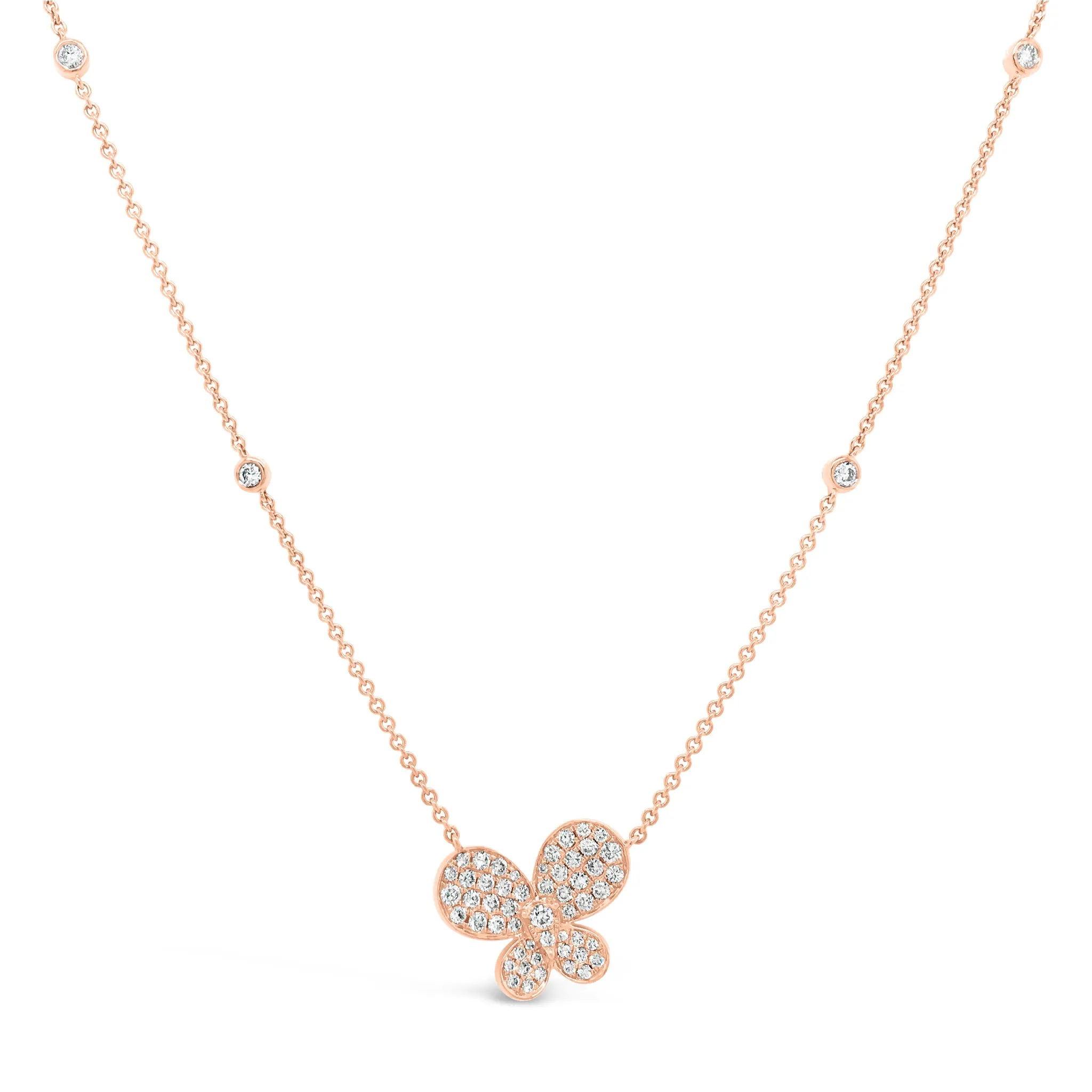 Diamond Butterfly Pendant Necklace with Diamond Bezels
