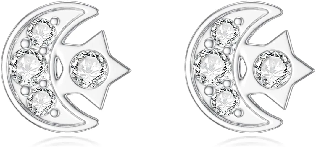Diamond Moon and Star Stud Earrings for Women 925 Sterling Silver Lab Grown Diamond Jewelry Gifts