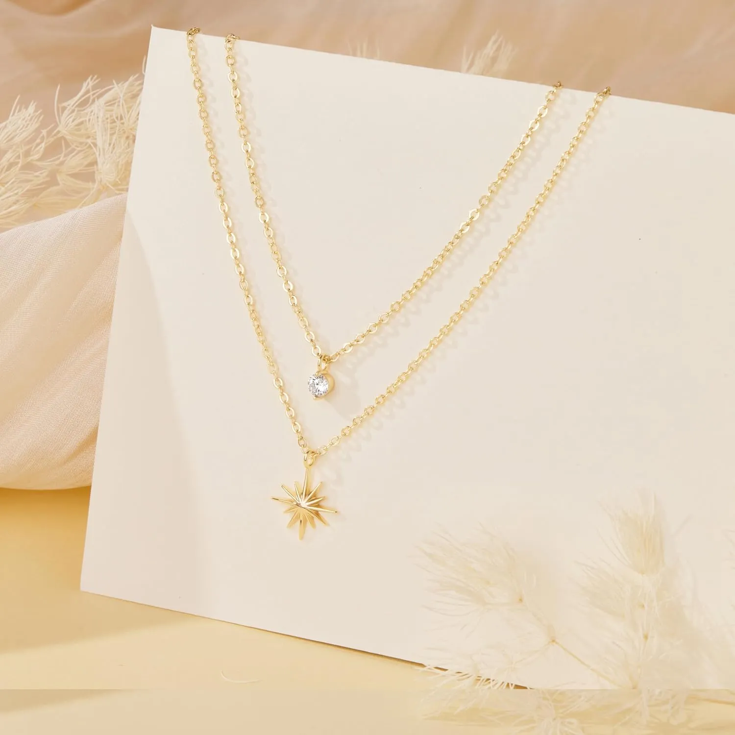 Diamond Necklaces for Women Non Tarnish, Dainty 14K Gold Stack Silver Choker Chain Double Pendant Diamond Necklace, Layered Trendy Simple Prom CZ Jewelry Sets Gifts for Women