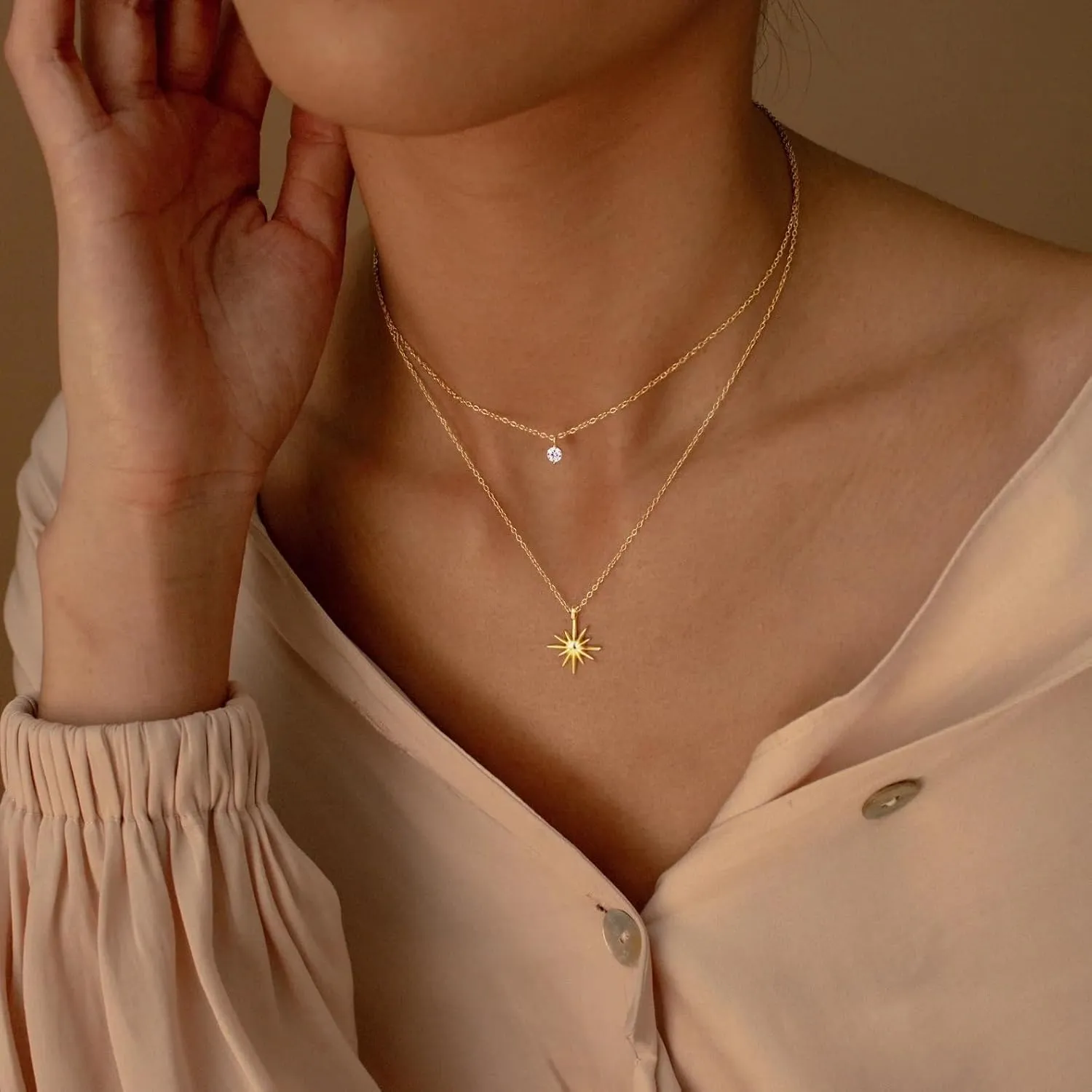 Diamond Necklaces for Women Non Tarnish, Dainty 14K Gold Stack Silver Choker Chain Double Pendant Diamond Necklace, Layered Trendy Simple Prom CZ Jewelry Sets Gifts for Women