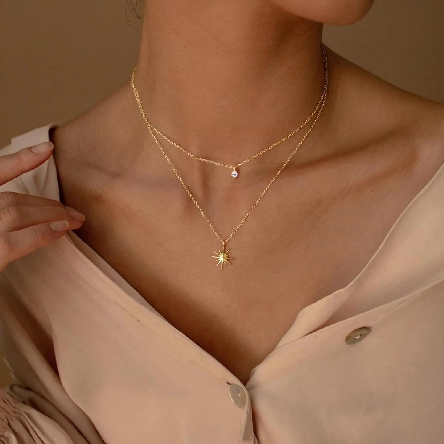 Diamond Necklaces for Women Non Tarnish, Dainty 14K Gold Stack Silver Choker Chain Double Pendant Diamond Necklace, Layered Trendy Simple Prom CZ Jewelry Sets Gifts for Women