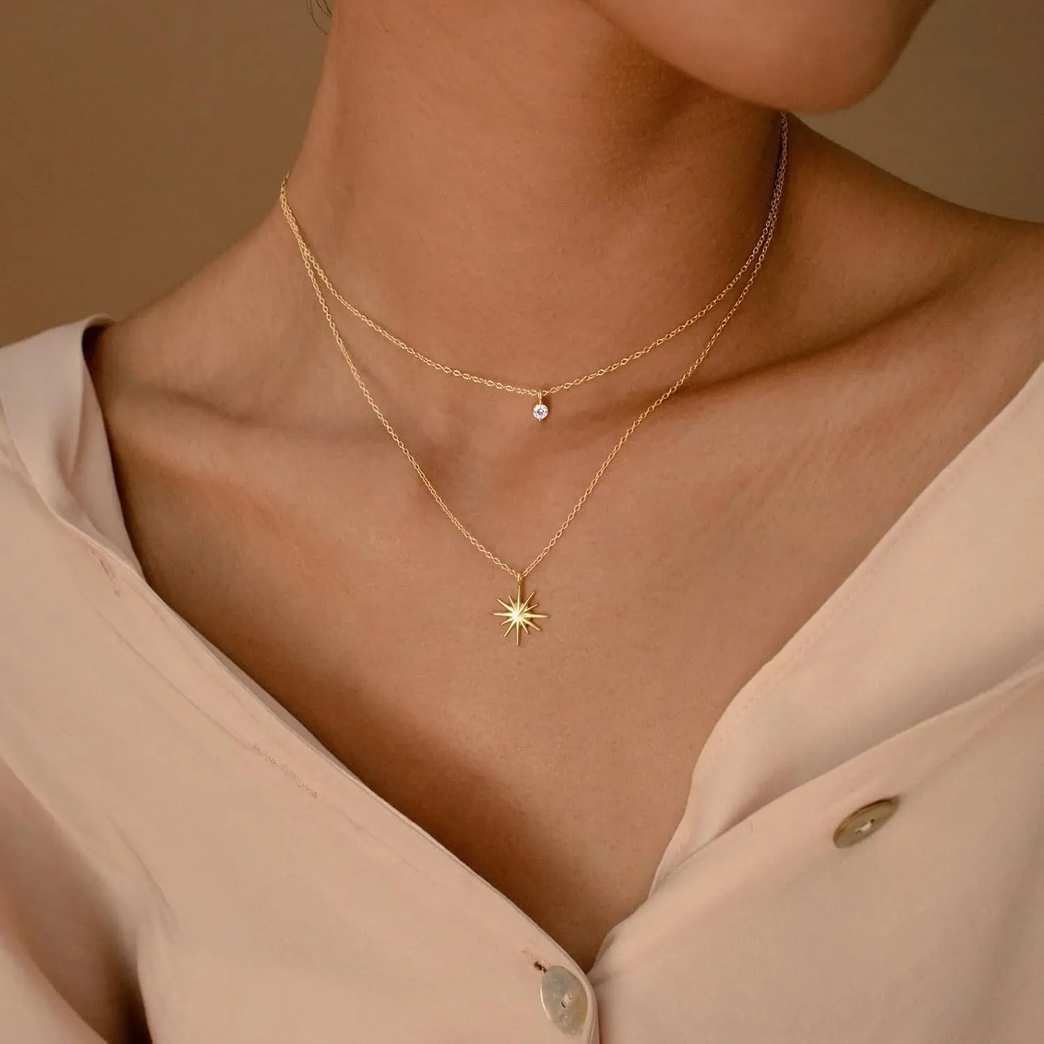 Diamond Necklaces for Women Non Tarnish, Dainty 14K Gold Stack Silver Choker Chain Double Pendant Diamond Necklace, Layered Trendy Simple Prom CZ Jewelry Sets Gifts for Women