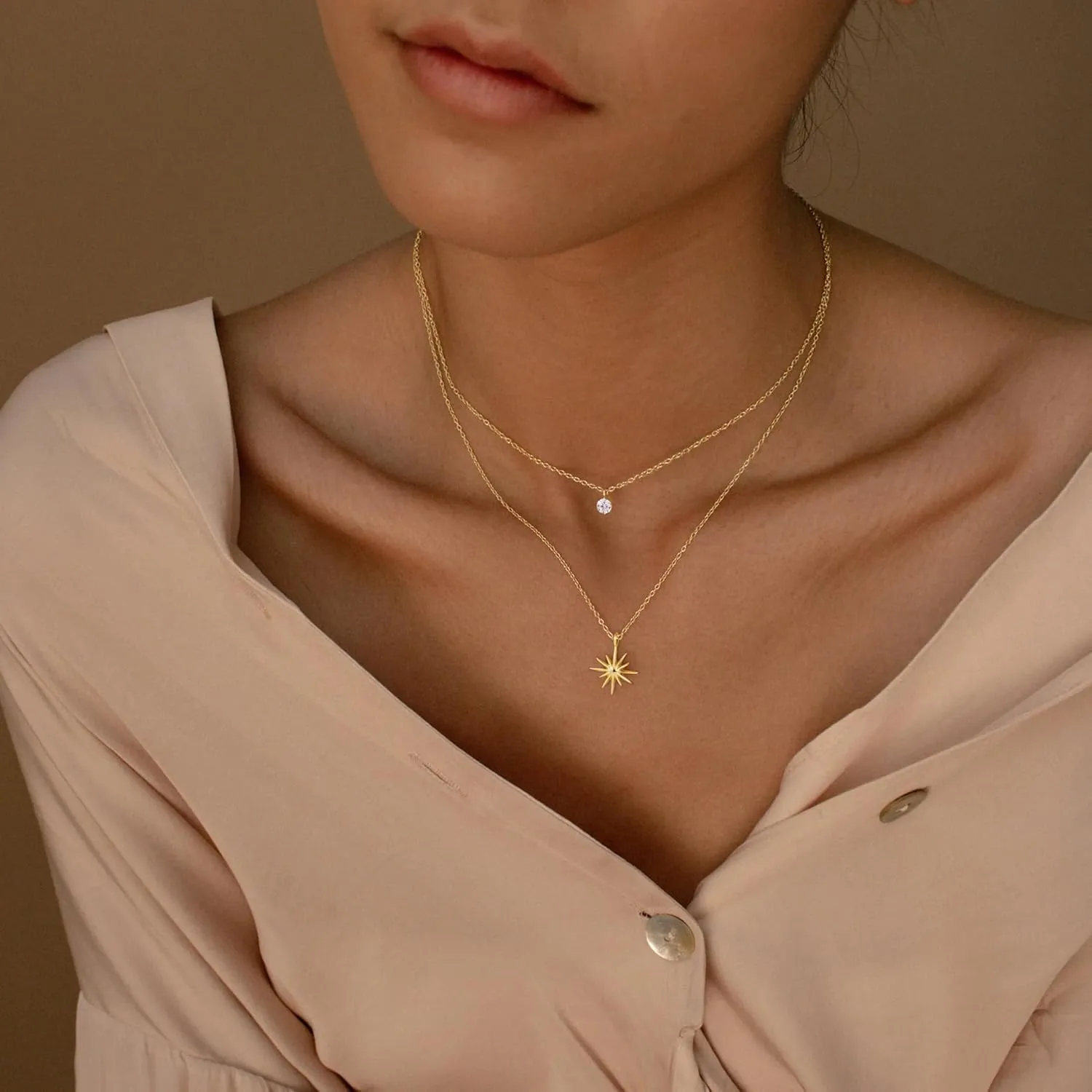 Diamond Necklaces for Women Non Tarnish, Dainty 14K Gold Stack Silver Choker Chain Double Pendant Diamond Necklace, Layered Trendy Simple Prom CZ Jewelry Sets Gifts for Women