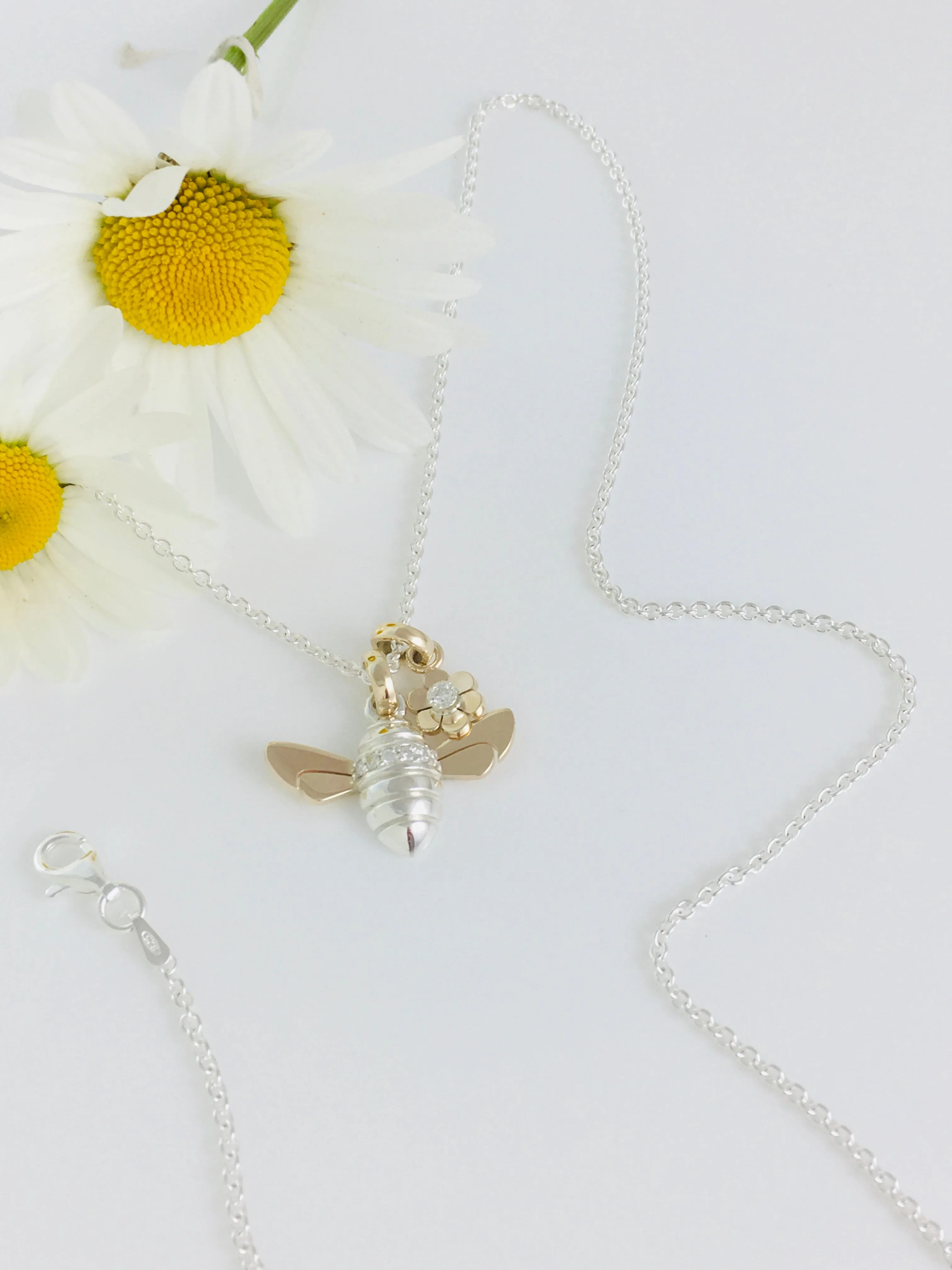 Diamond set Honey Bee Necklace, Handmade in Argentium Silver & 9ct Gold by Jeffs Jewellers