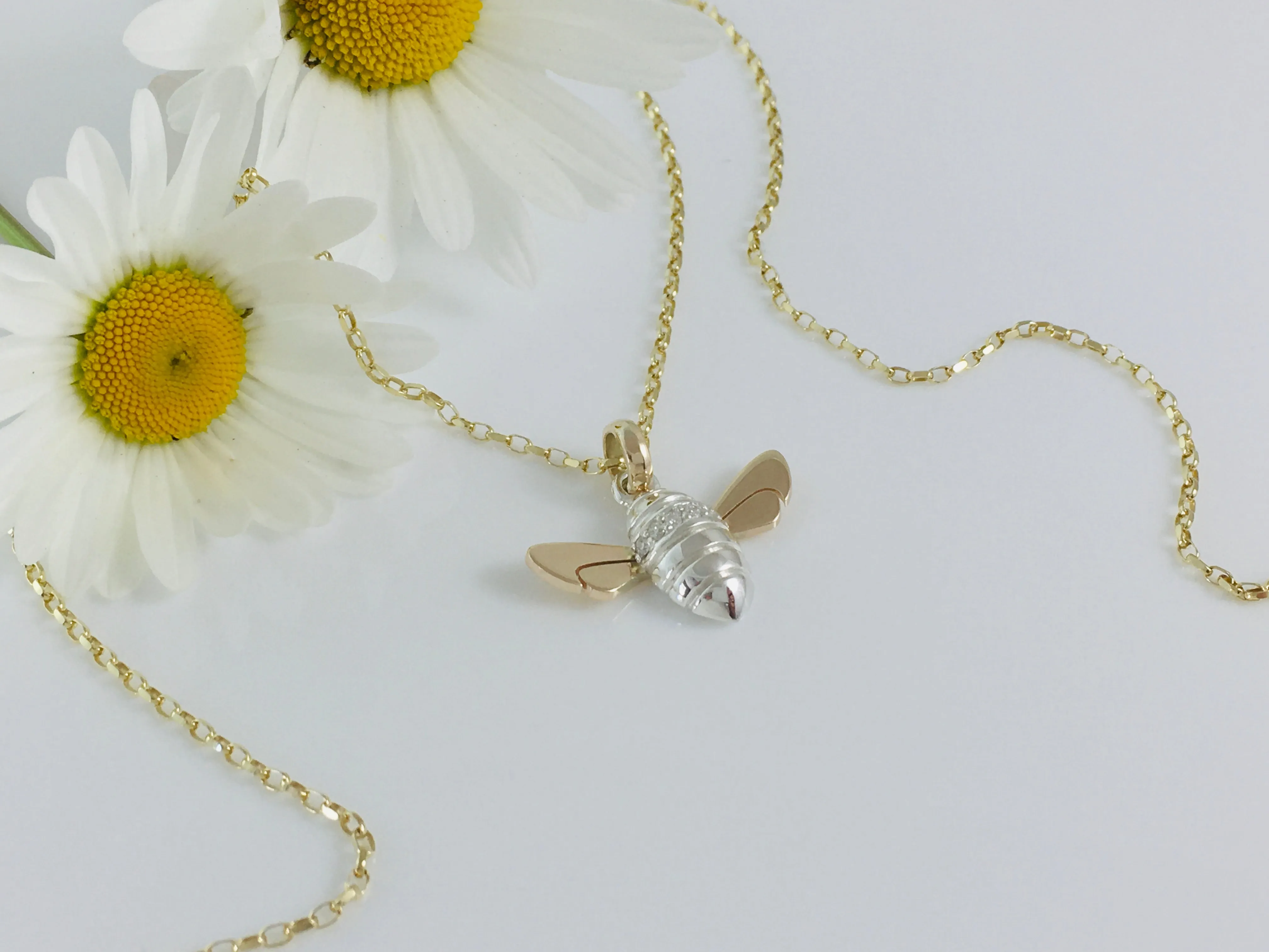 Diamond set Honey Bee Necklace, Handmade in Argentium Silver & 9ct Gold by Jeffs Jewellers