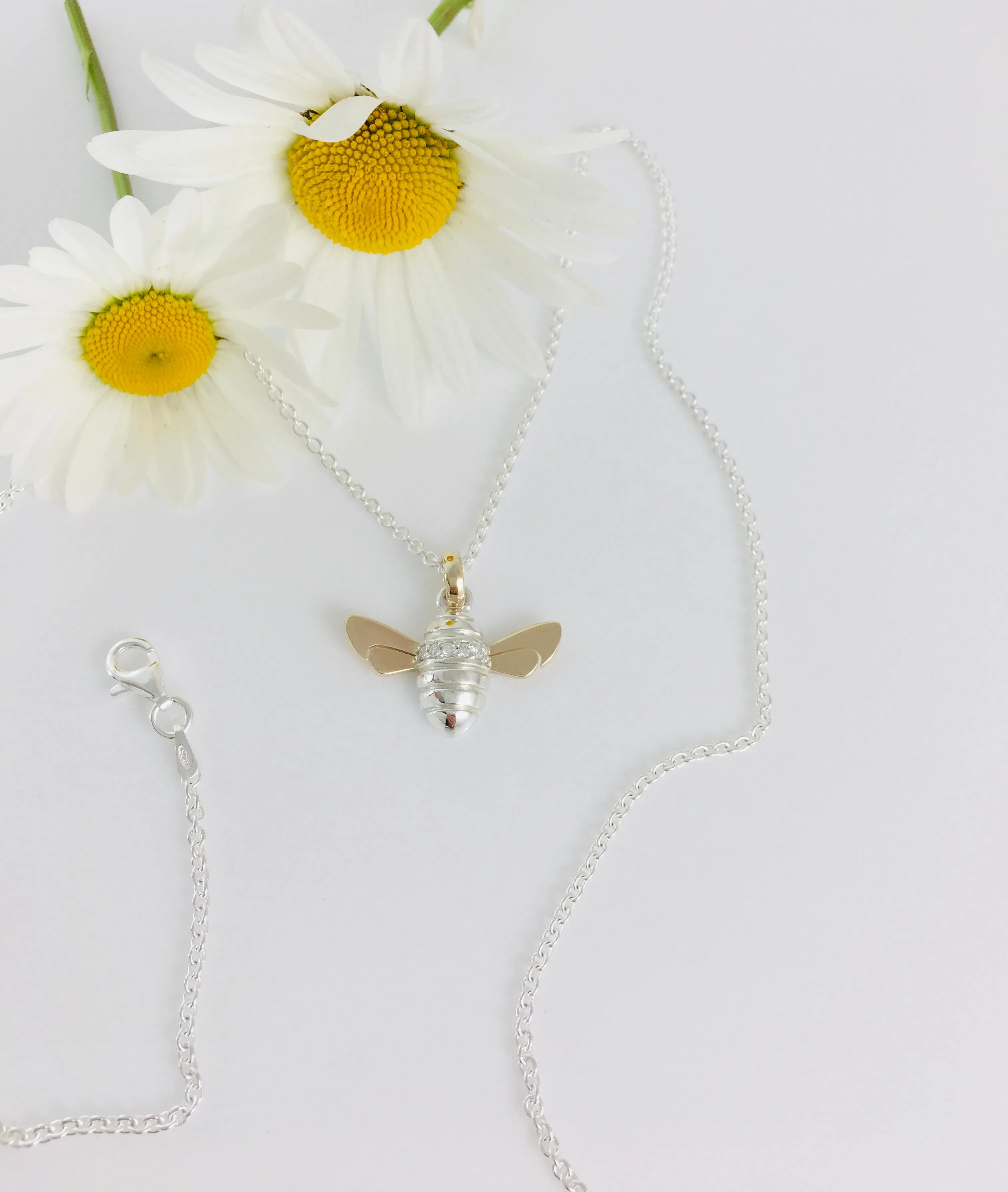 Diamond set Honey Bee Necklace, Handmade in Argentium Silver & 9ct Gold by Jeffs Jewellers