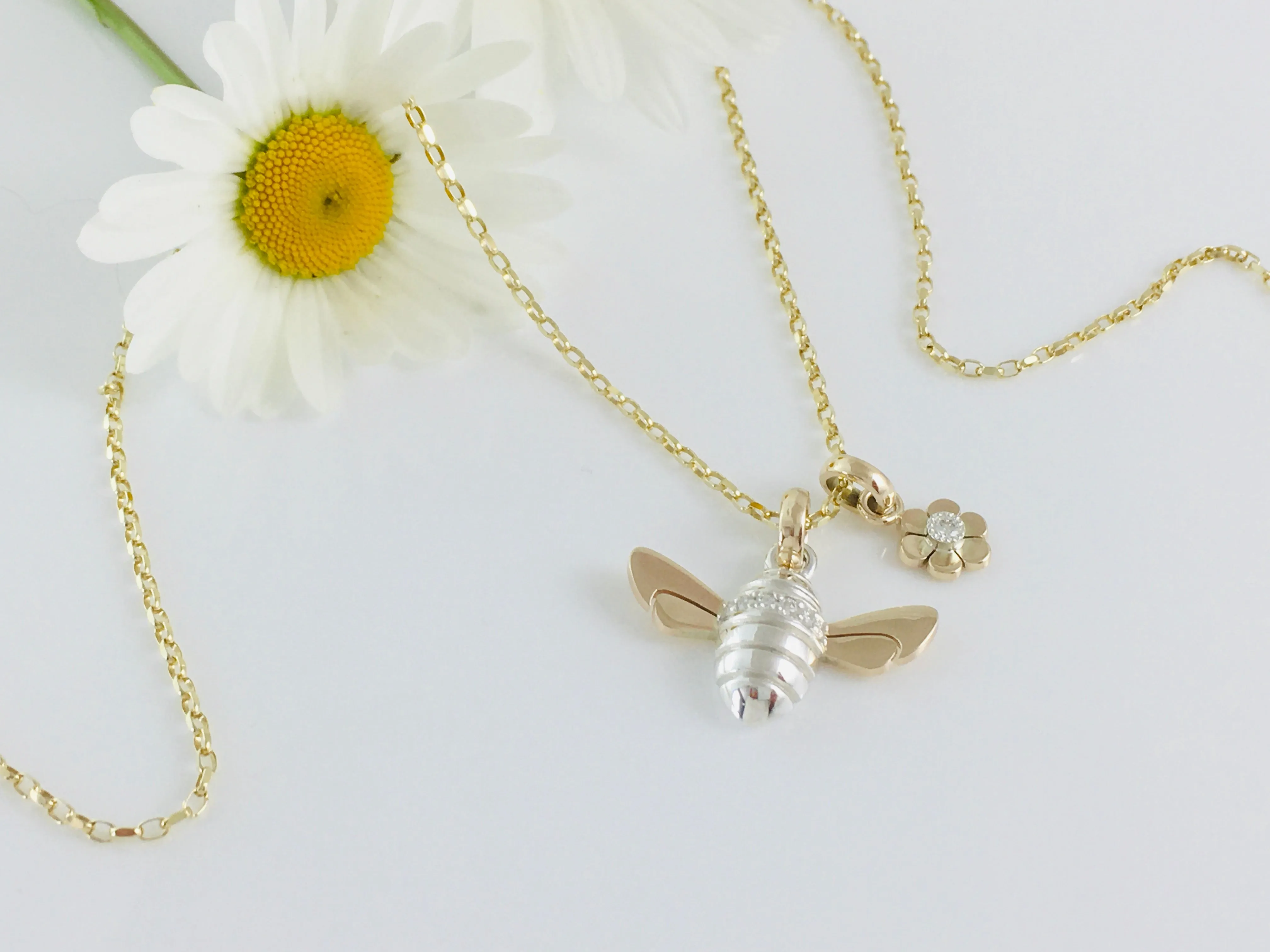 Diamond set Honey Bee Necklace, Handmade in Argentium Silver & 9ct Gold by Jeffs Jewellers