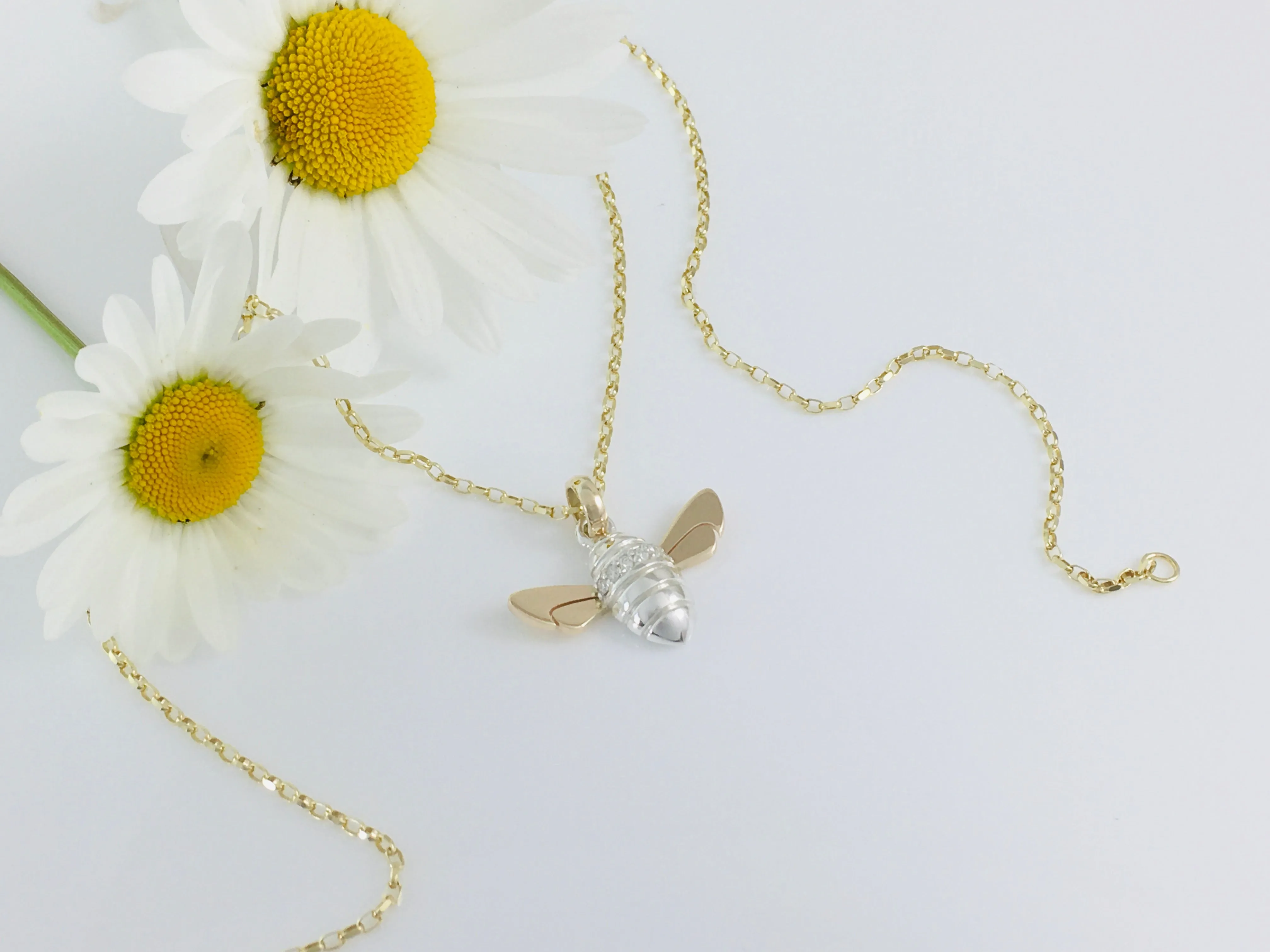 Diamond set Honey Bee Necklace, Handmade in Argentium Silver & 9ct Gold by Jeffs Jewellers