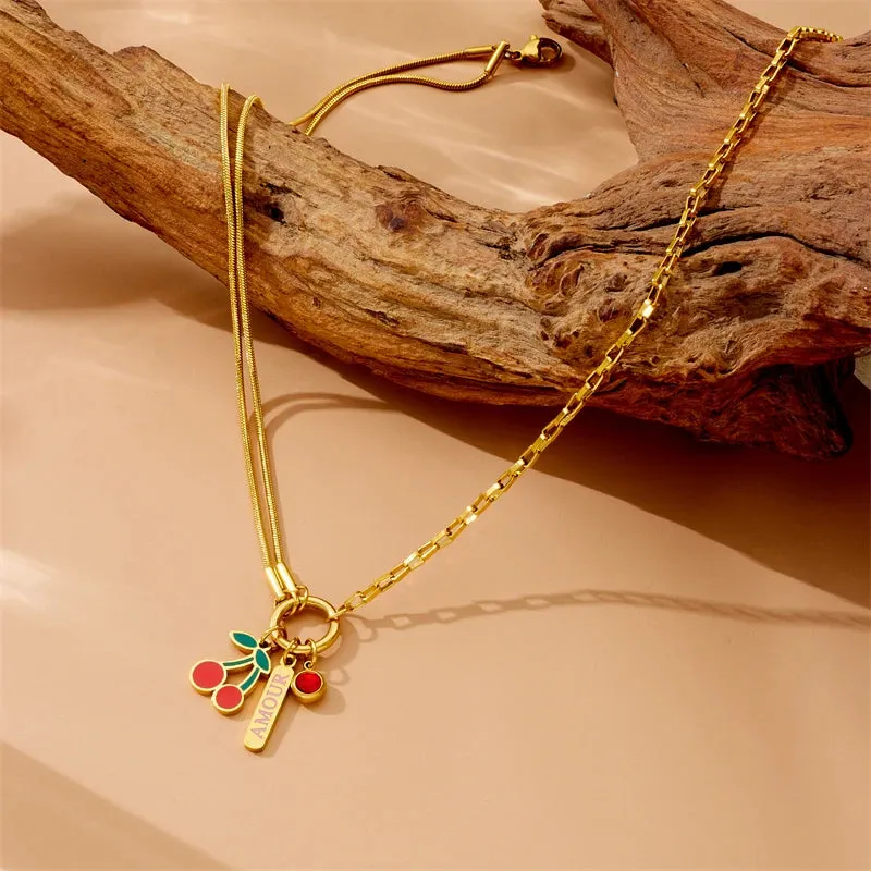 DIEYURO 316L Stainless Steel Red Cherry Zircon AMOUR Pendant Necklace for Women Fashion Jewelry Gift