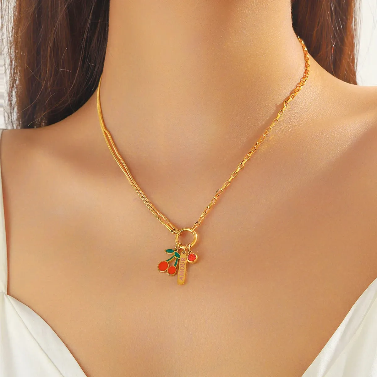 DIEYURO 316L Stainless Steel Red Cherry Zircon AMOUR Pendant Necklace for Women Fashion Jewelry Gift