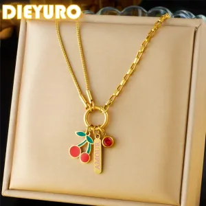 DIEYURO 316L Stainless Steel Red Cherry Zircon AMOUR Pendant Necklace for Women Fashion Jewelry Gift