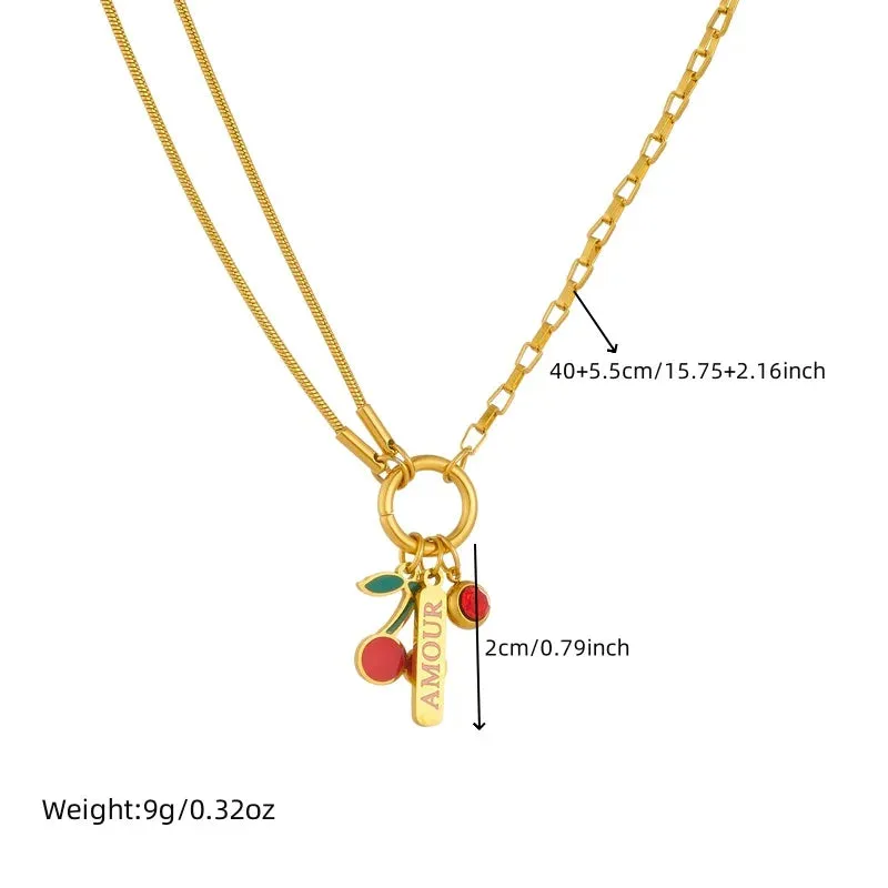 DIEYURO 316L Stainless Steel Red Cherry Zircon AMOUR Pendant Necklace for Women Fashion Jewelry Gift