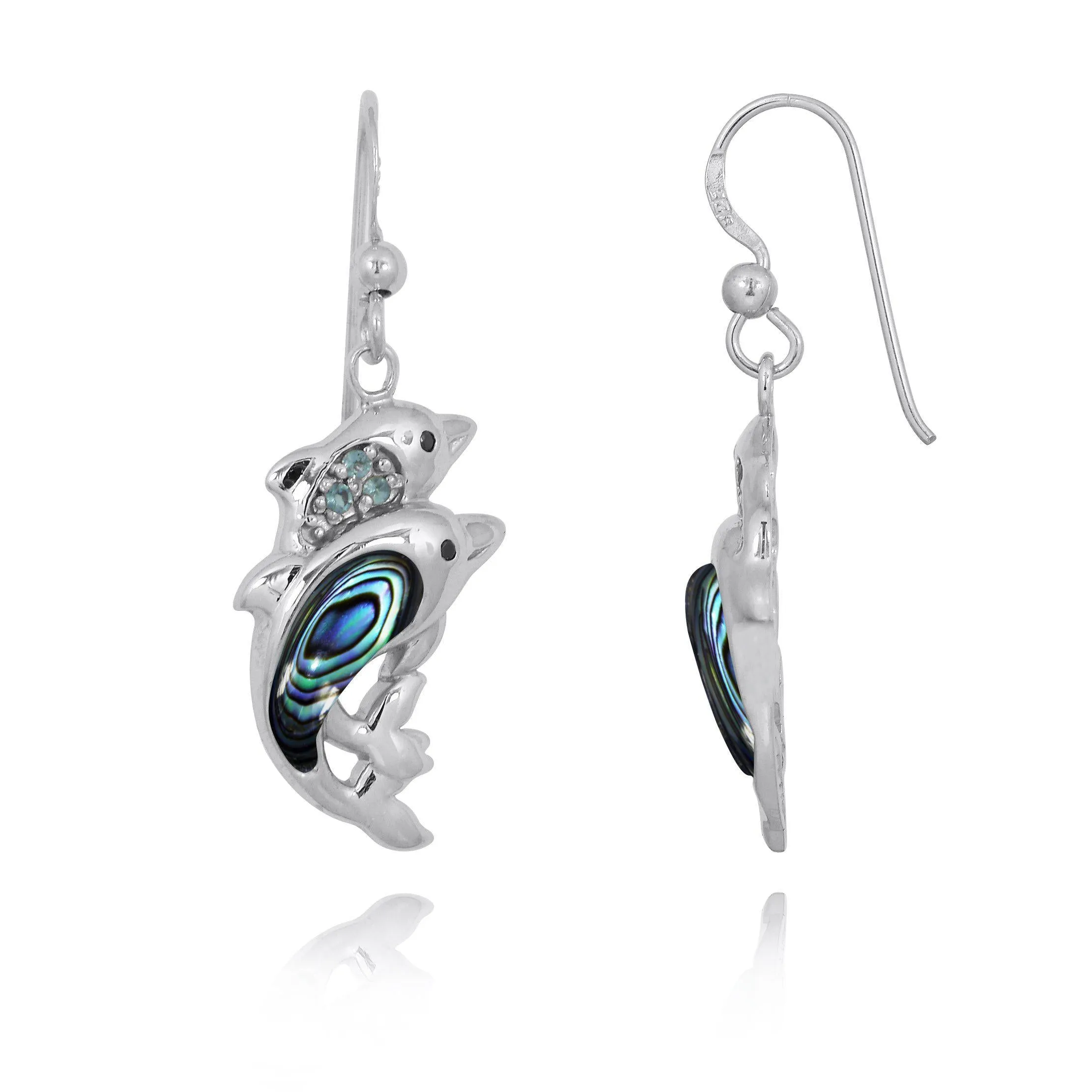 Dolphin Earrings with Abalone Shell and Swiss Blue Topaz