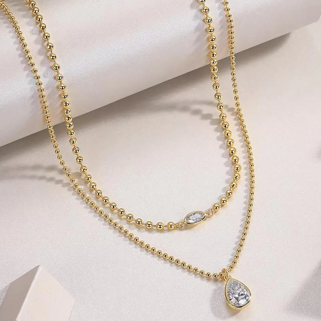 Double Layer Necklace with Moissanite Teardrop and Marquise Pendants  3.5 Carat Moissanite Necklace |S925 Silver Jewelry for Women